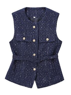 Zara Navy/Lightly Sequin Tweed Vest with Gold Buttons